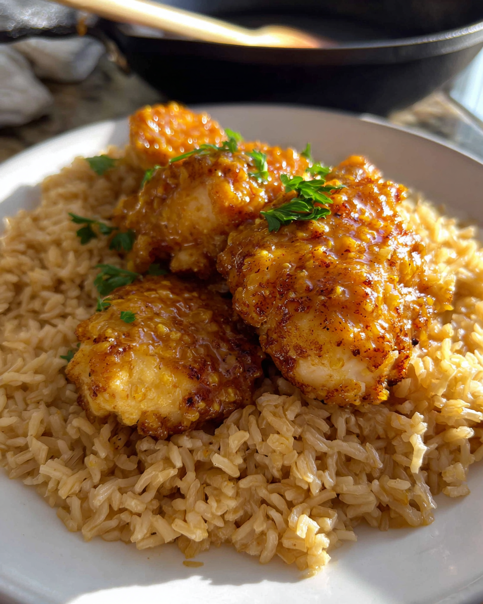 Knuspriges Spicy Honey Mustard Chicken mit würzig-süßer Glasur, serviert auf braunem Reis und mit frischer Petersilie garniert.