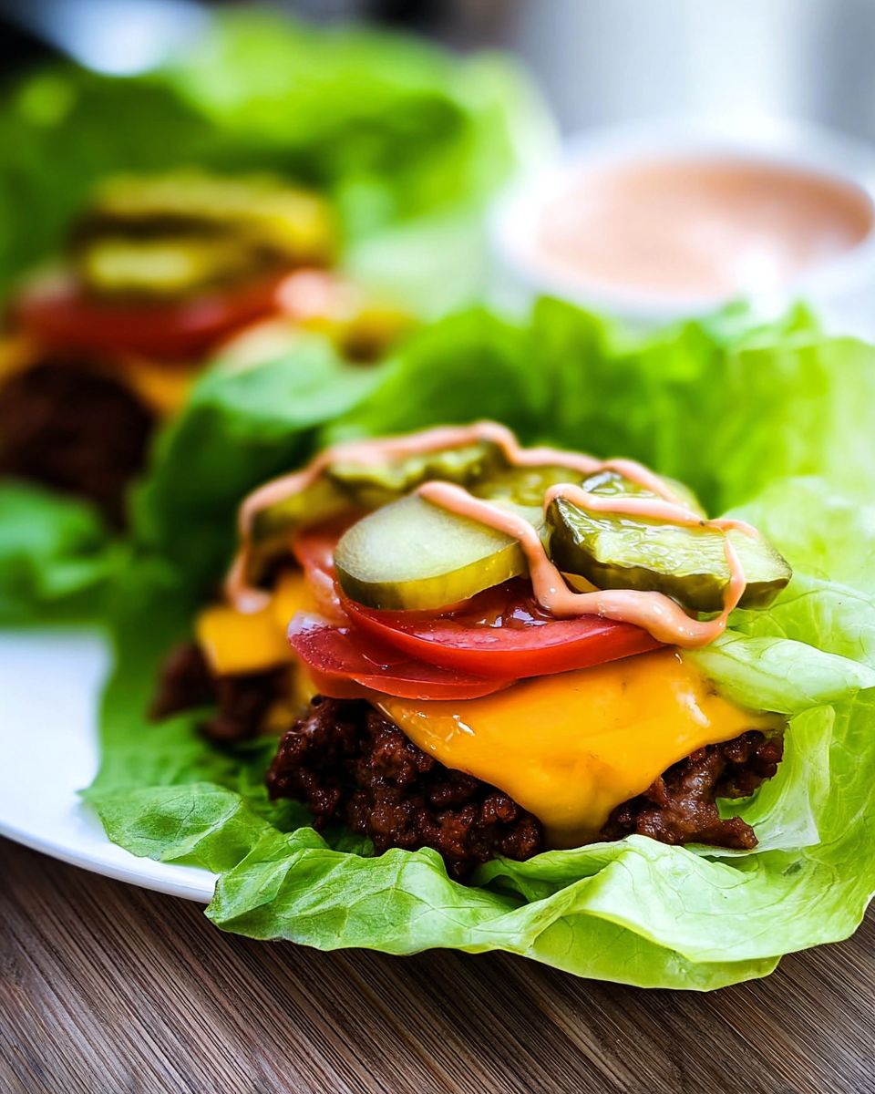Cheeseburger Lettuce Wraps mit geschmolzenem Käse, Tomaten, Gurkenscheiben und Sauce in frischen Salatblättern.