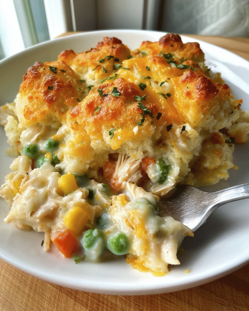 Cremiger Red-Lobster-Chicken Bake mit Gemüse, zartem Hähnchen und goldbraunen Cheddar-Biscuit-Stückchen auf einem weißen Teller.