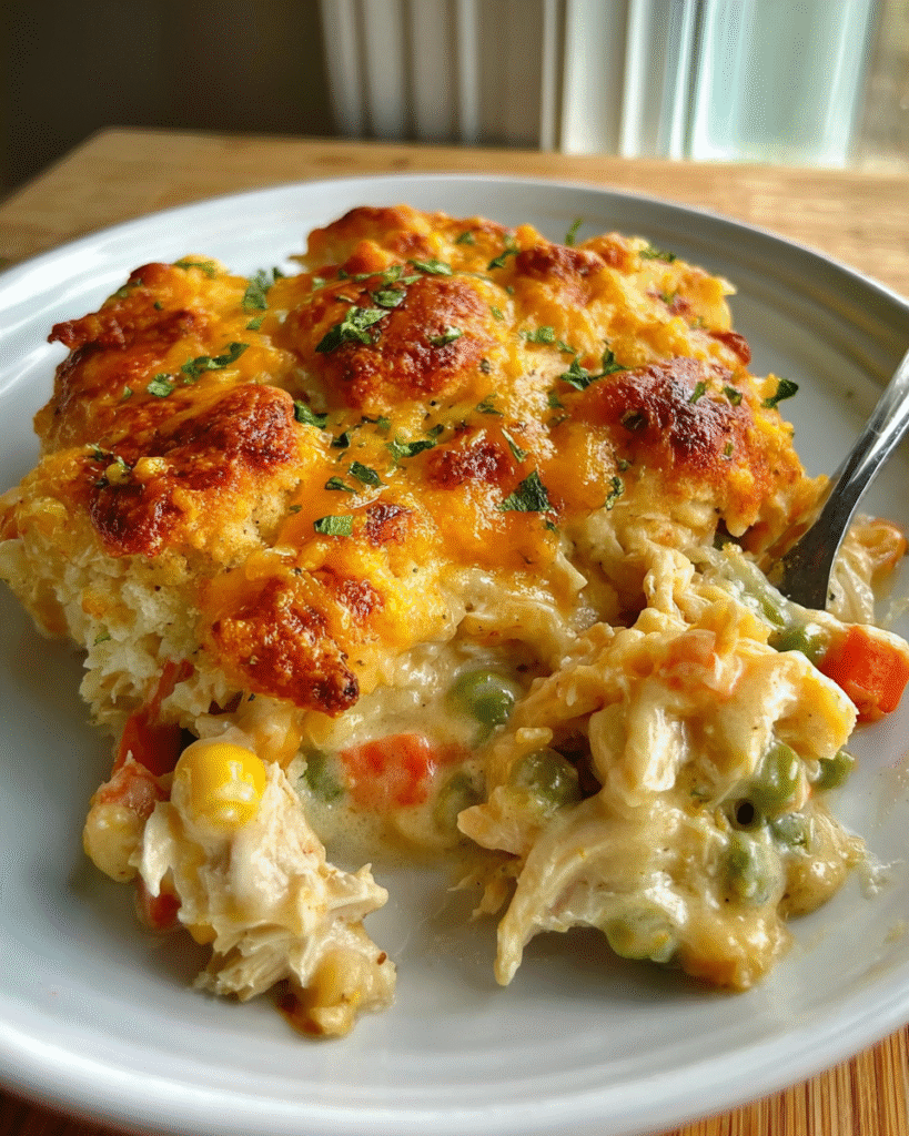 Cremiger Red-Lobster-Chicken Bake mit Gemüse, zartem Hähnchen und goldbraunem Cheddar-Biscuit-Topping auf einem weißen Teller.