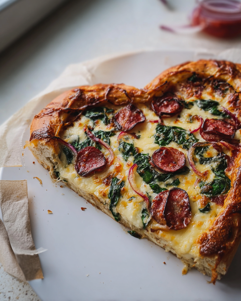 Herzförmige Pizza mit geschmolzenem Käse, Spinat, roten Zwiebeln und gebräunten Peperoni-Scheiben auf einem weißen Teller.