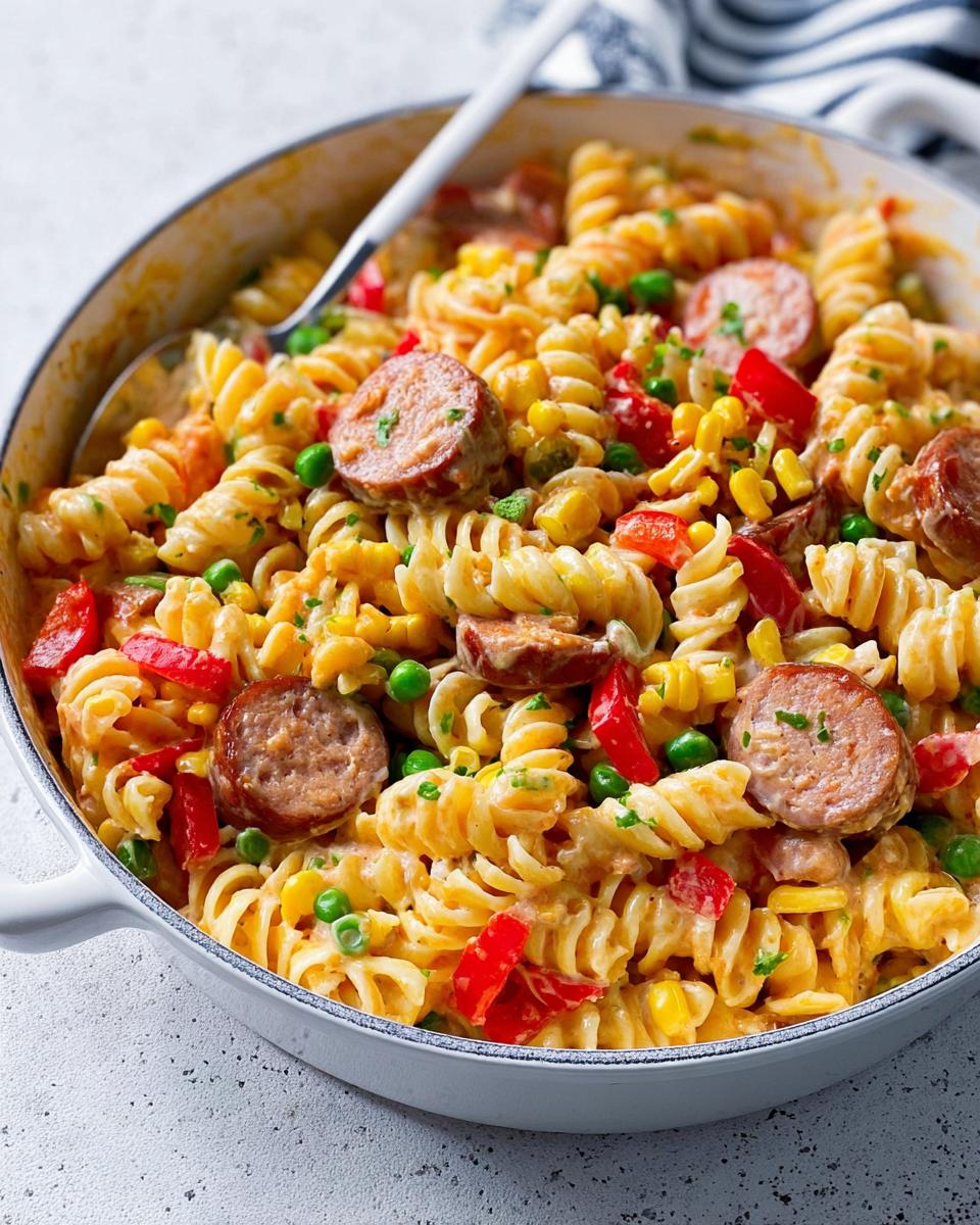 Nahaufnahme einer cremigen Billige Wurst-Nudelpfanne mit Spiralnudeln, Wurstscheiben, Erbsen, Mais und Paprika.