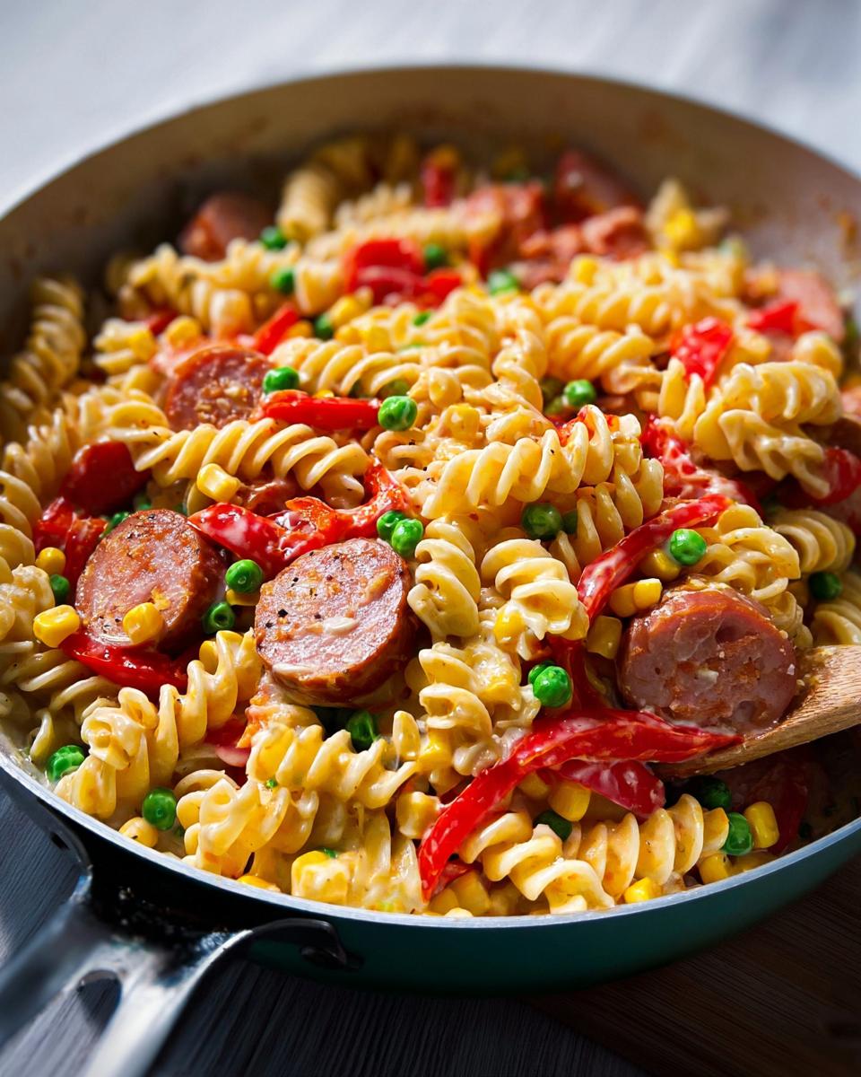 Nahaufnahme einer Billige Wurst-Nudelpfanne mit cremiger Sauce, Fusilli-Nudeln, Wurstscheiben, roten Paprika und Erbsen.