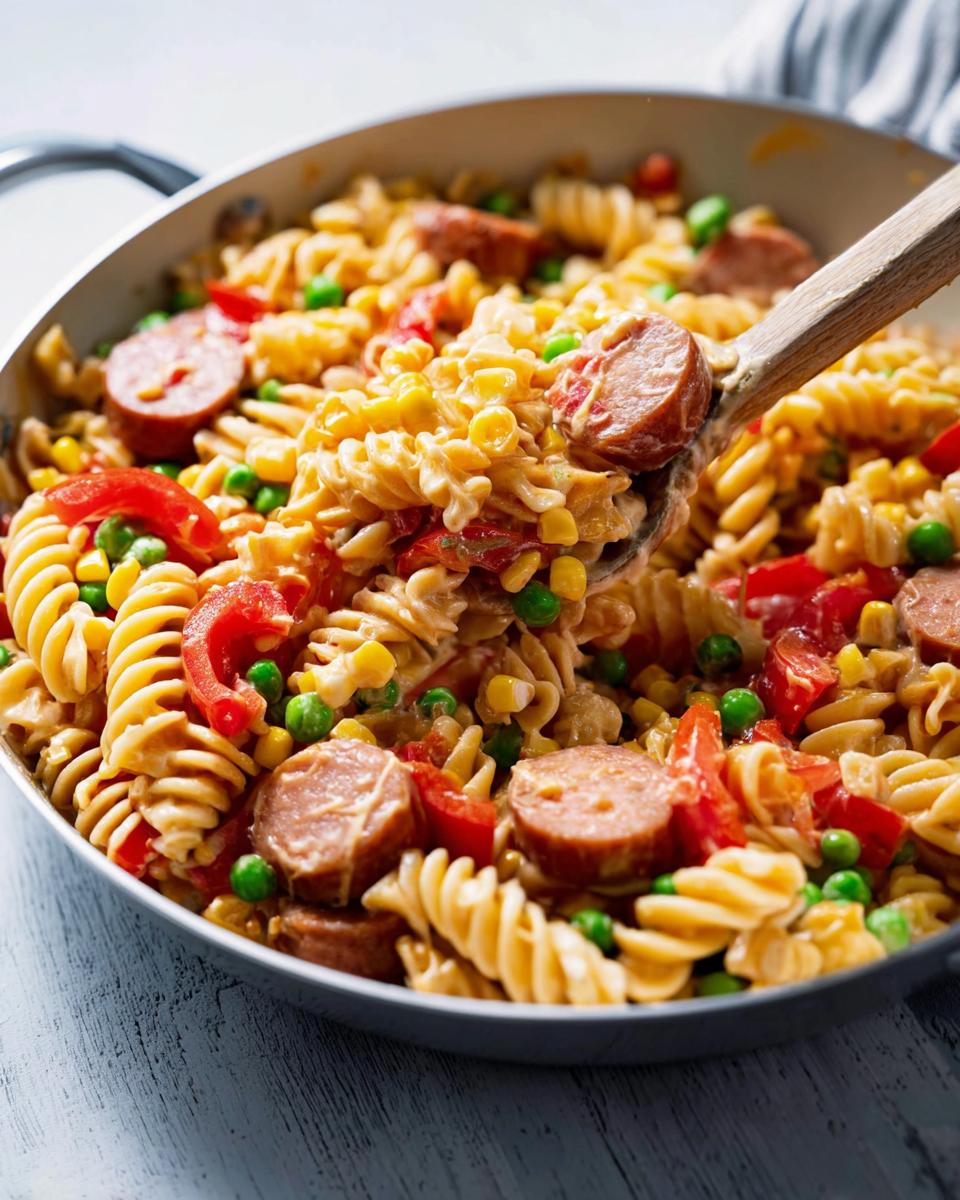 Nahaufnahme einer köstlichen Billige Wurst-Nudelpfanne mit Spiralnudeln, Wurstscheiben, Erbsen und Mais.