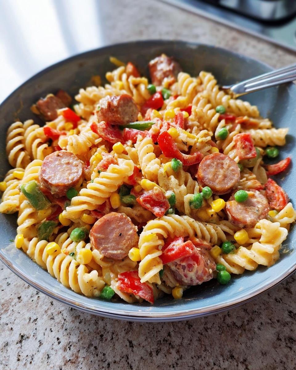 Nahaufnahme einer fertigen Billige Wurst-Nudelpfanne mit Spiralnudeln, Wurstscheiben, Paprika, Mais und Erbsen in einer blauen Schüssel.