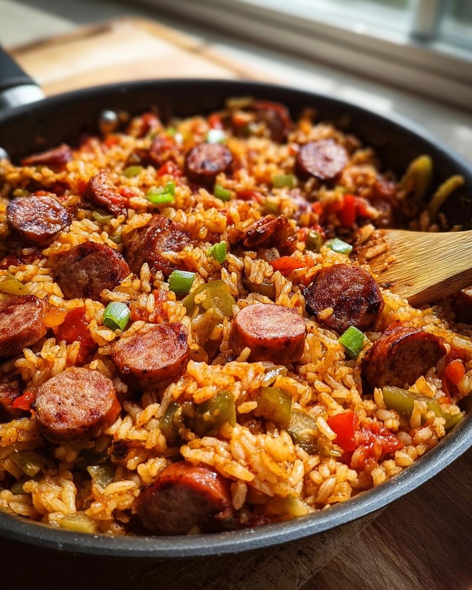Close-up of the finished Budget Wurst & Reis Skillet with sliced sausage and peppers in a pan.