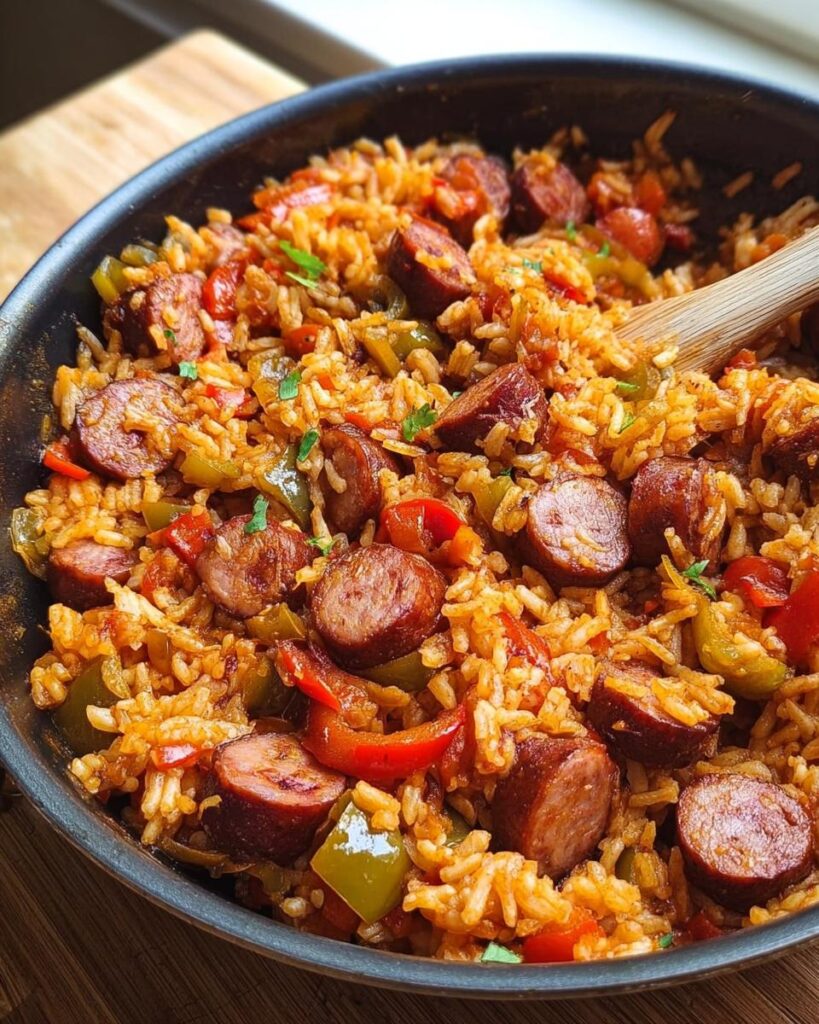 Nahaufnahme des Budget Wurst & Reis Skillet mit Wurstscheiben und Paprika in einer dunklen Pfanne.