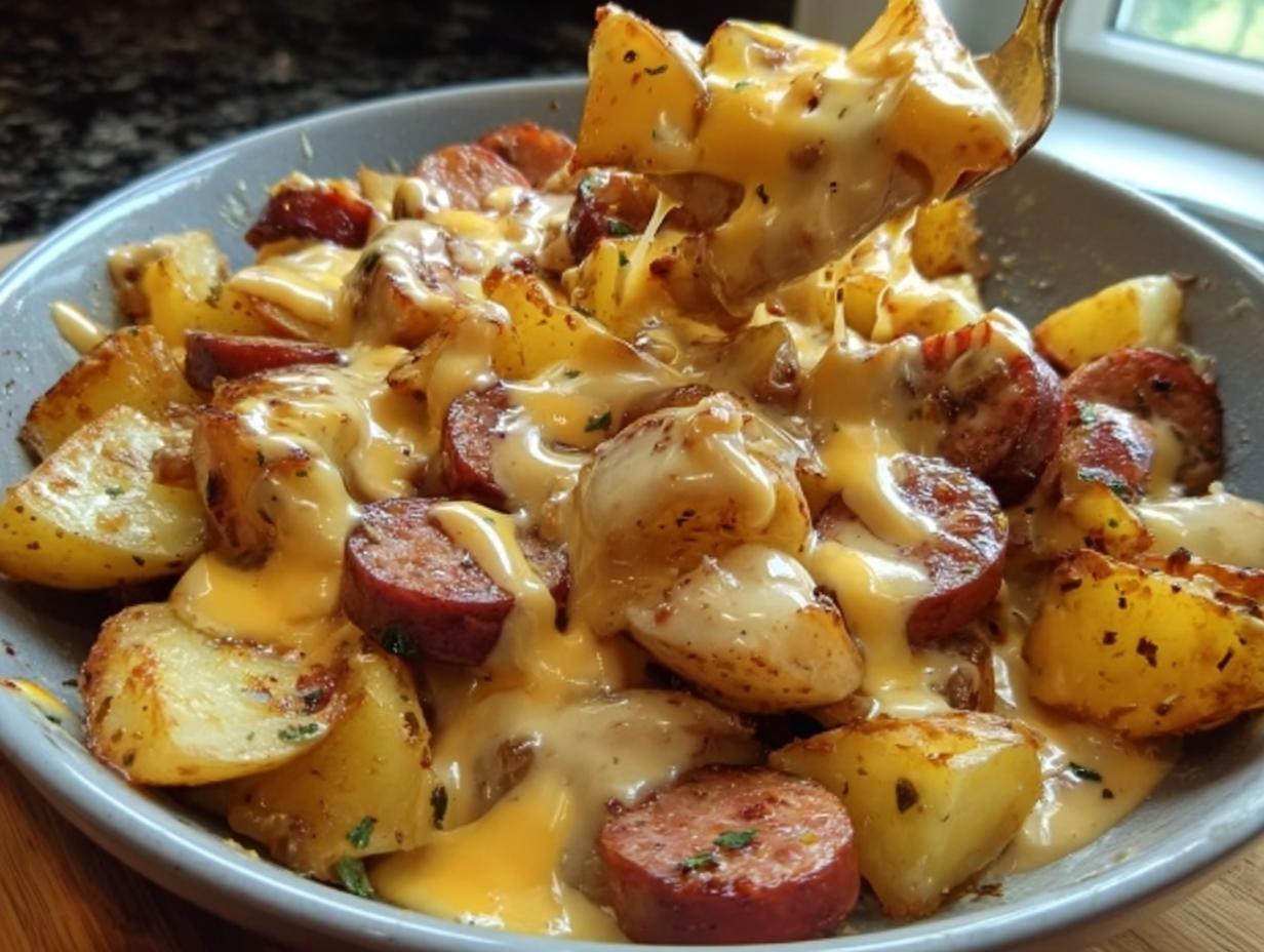 A bowl of Cheesy Ranch Kartoffeln mit Wurst showing roasted potatoes, sliced sausage, and dripping melted cheese sauce.
