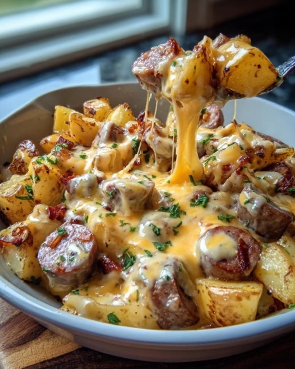 Close-up of Cheesy Ranch Kartoffeln mit Wurst, showing cheesy pull from a spoonful.