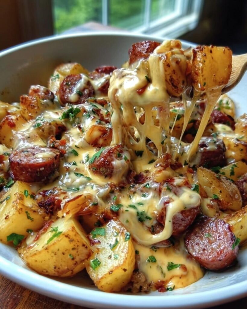 Nahaufnahme von Cheesy Ranch Kartoffeln mit Wurst, bedeckt mit geschmolzenem Käse, der an einem Holzlöffel zieht.