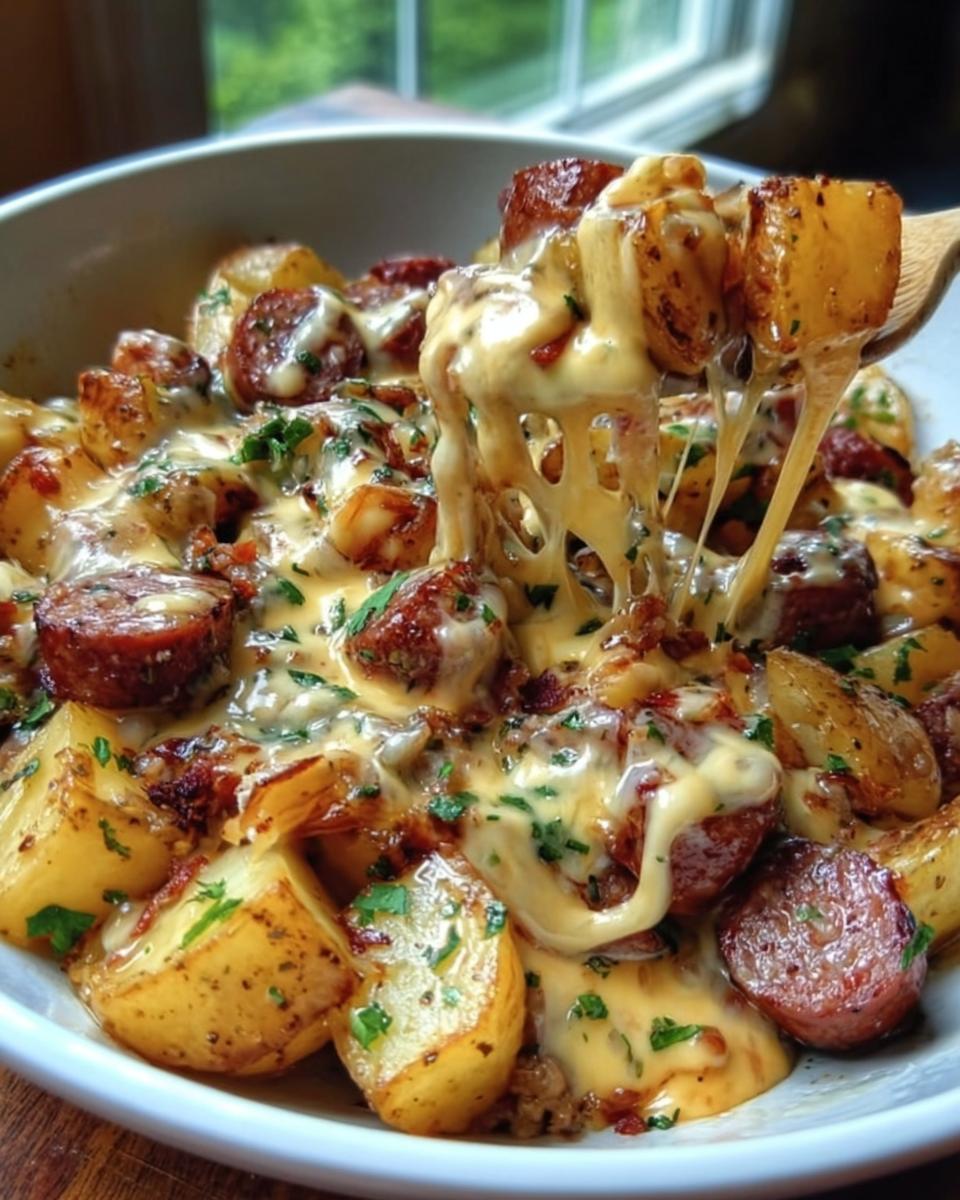 Nahaufnahme von Cheesy Ranch Kartoffeln mit Wurst, bedeckt mit geschmolzenem Käse, der an einem Holzlöffel zieht.