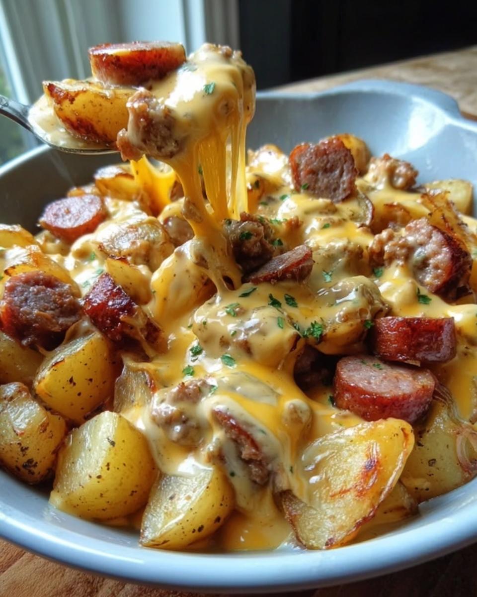 Ein Löffel zieht Fäden aus geschmolzenem Käse über Cheesy Ranch Kartoffeln mit Wurst.