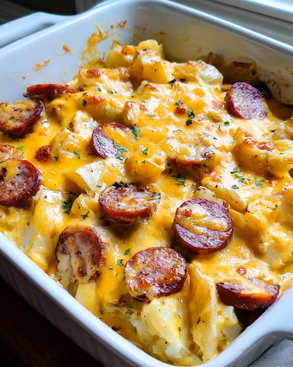 Close-up of a baked Cheesy Ranch Potatoes & Smoked Sausage casserole in a white dish, topped with melted cheese and parsley.