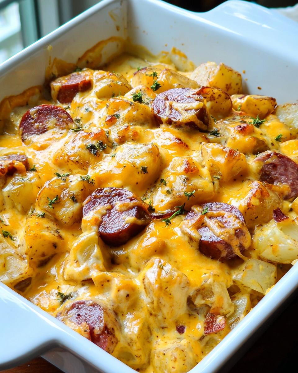 Close-up of Cheesy Ranch Potatoes & Smoked Sausage casserole in a white baking dish, topped with melted cheddar and herbs.