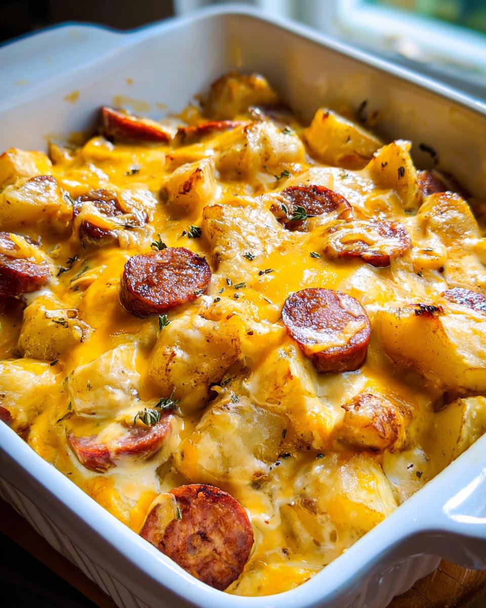 A close-up of a baked casserole dish filled with Cheesy Ranch Potatoes & Smoked Sausage, topped with melted cheese and herbs.