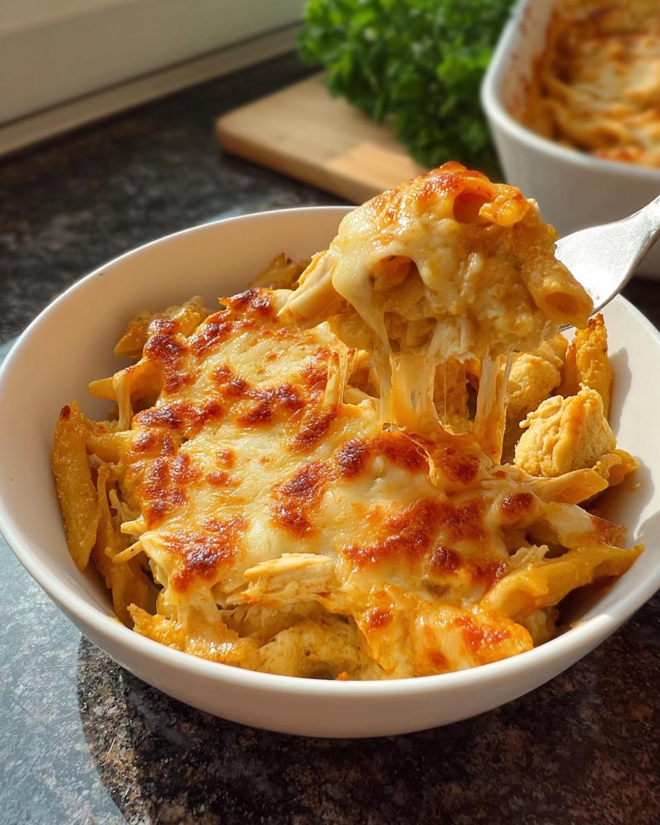 A fork lifting a cheesy portion of Chicken & Biscuits Auflauf from a white bowl, showing melted, stringy cheese.