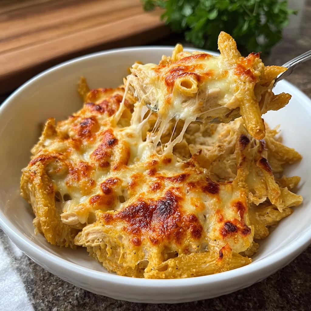 Close-up of a fork lifting cheesy pasta from a bowl of golden-brown Chicken & Biscuits Auflauf.