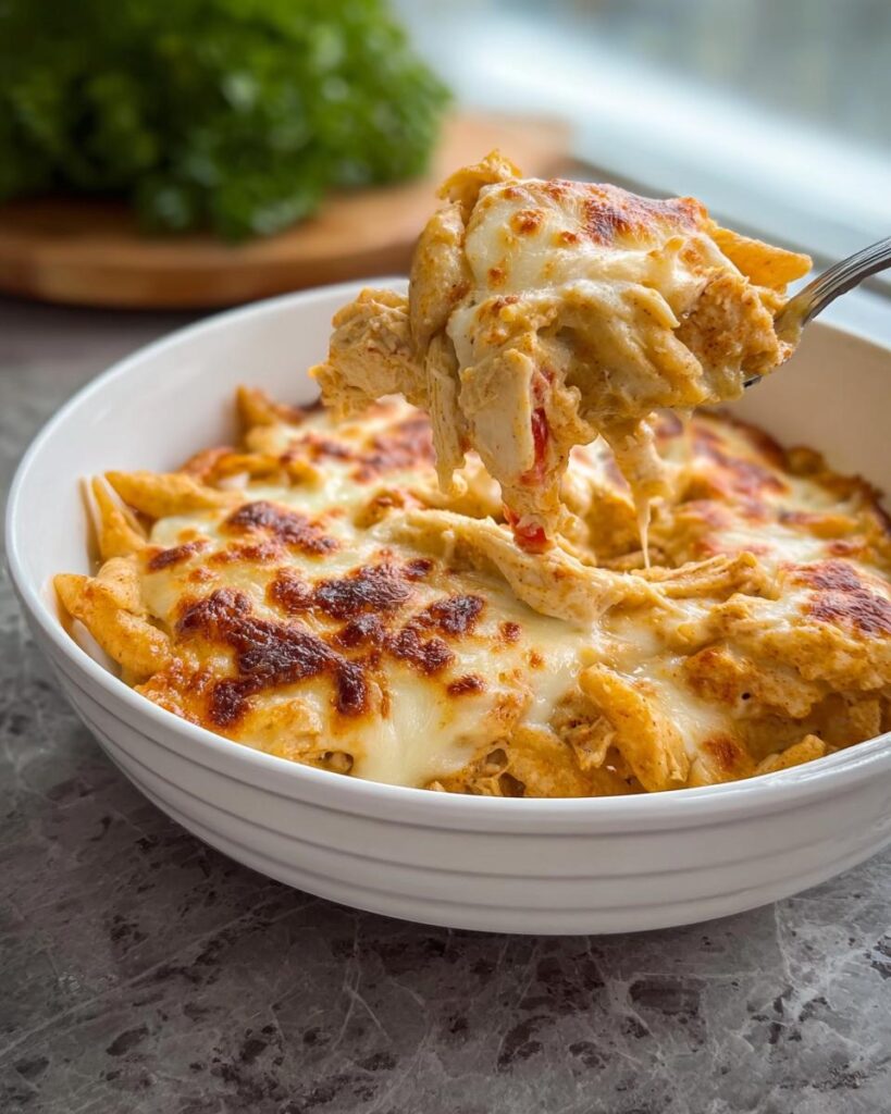 Eine Gabel voller cremigen Chicken & Biscuits Auflauf mit geschmolzenem, goldbraun gebackenem Käse.