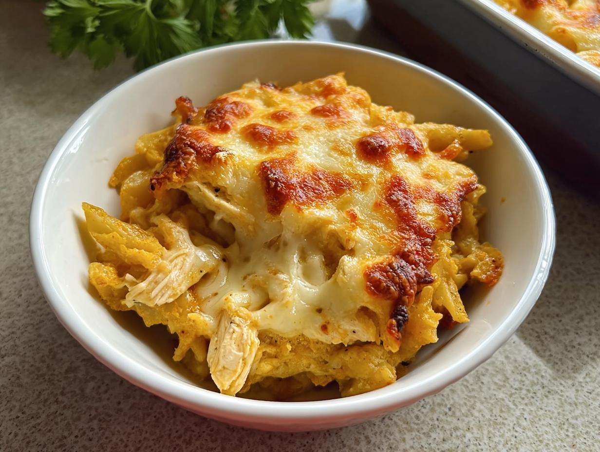 A close-up of a serving of Chicken & Biscuits Auflauf in a white bowl, topped with melted, browned cheese.