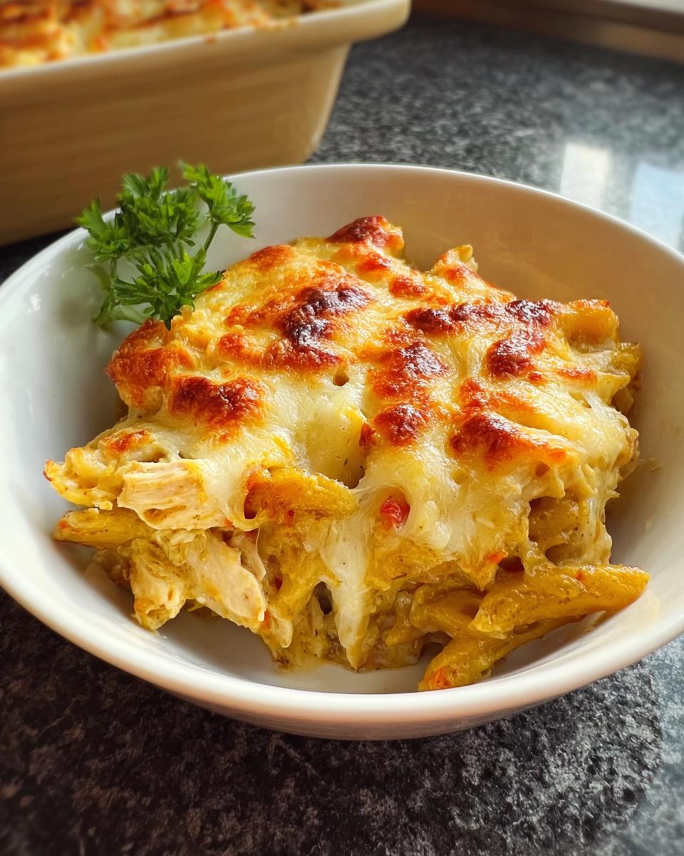 A close-up serving of Chicken & Biscuits Auflauf in a white bowl, featuring baked pasta and chicken topped with melted, browned cheese.