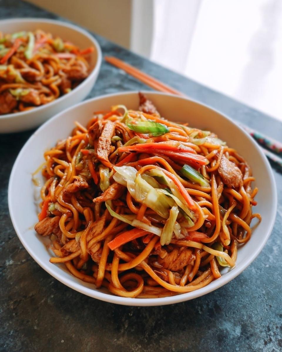 Nahaufnahme von zwei Schüsseln mit fertigem Chicken Lo Mein, reich an Nudeln, Hähnchenstücken und bunten Gemüsestreifen.