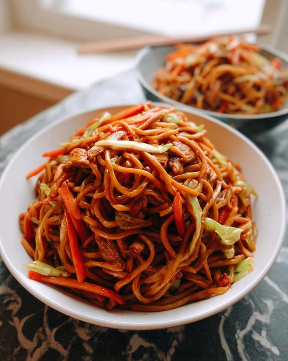Nahaufnahme von einer Schale mit leckerem Chicken Lo Mein, garniert mit Karotten- und Kohlstreifen.