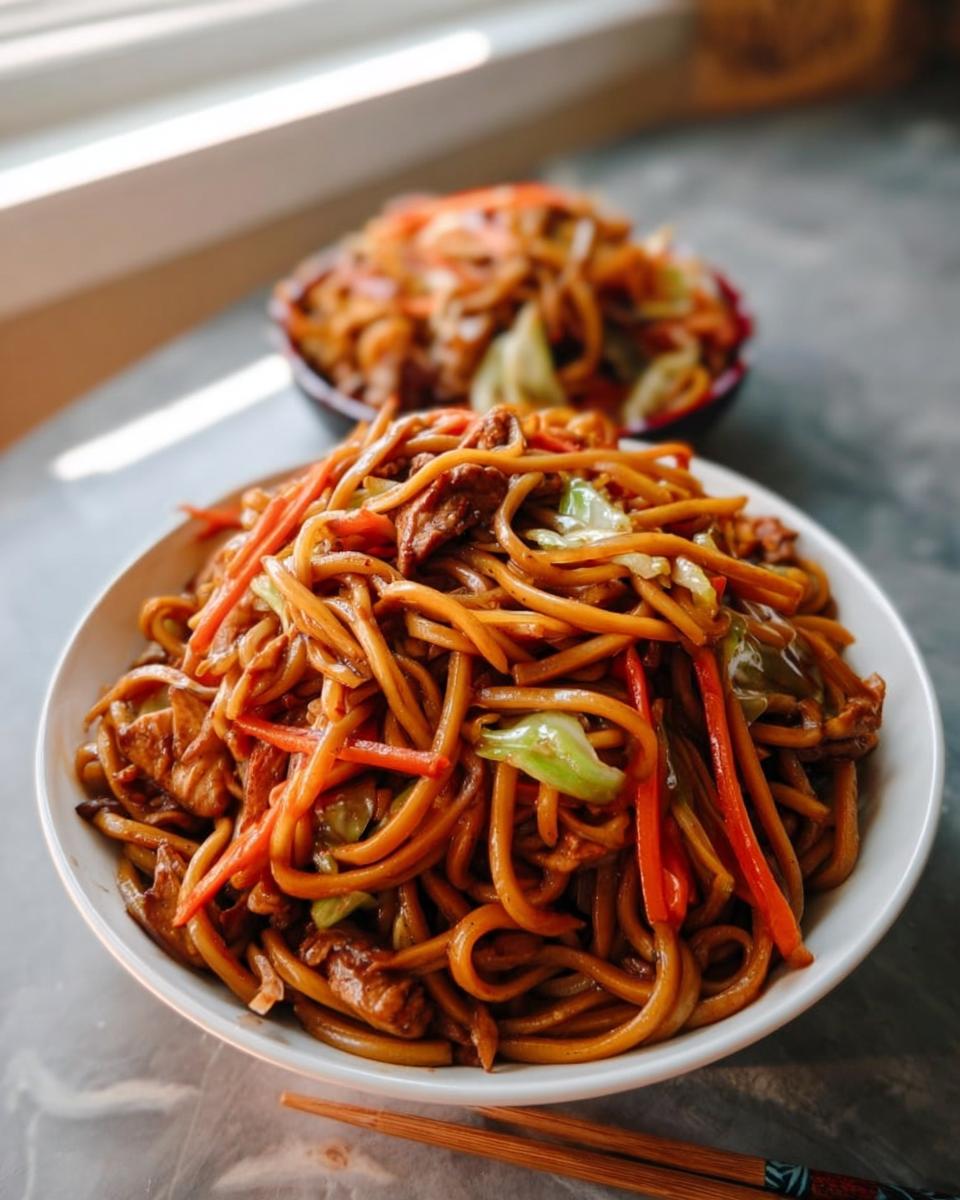 Nahaufnahme von einer Schüssel mit leckerem Chicken Lo Mein, garniert mit Karotten und Kohl.