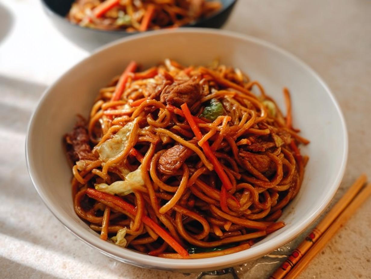 Eine Schüssel mit leckerem, gebratenem Chicken Lo Mein, garniert mit Karottenstreifen und Kohl.