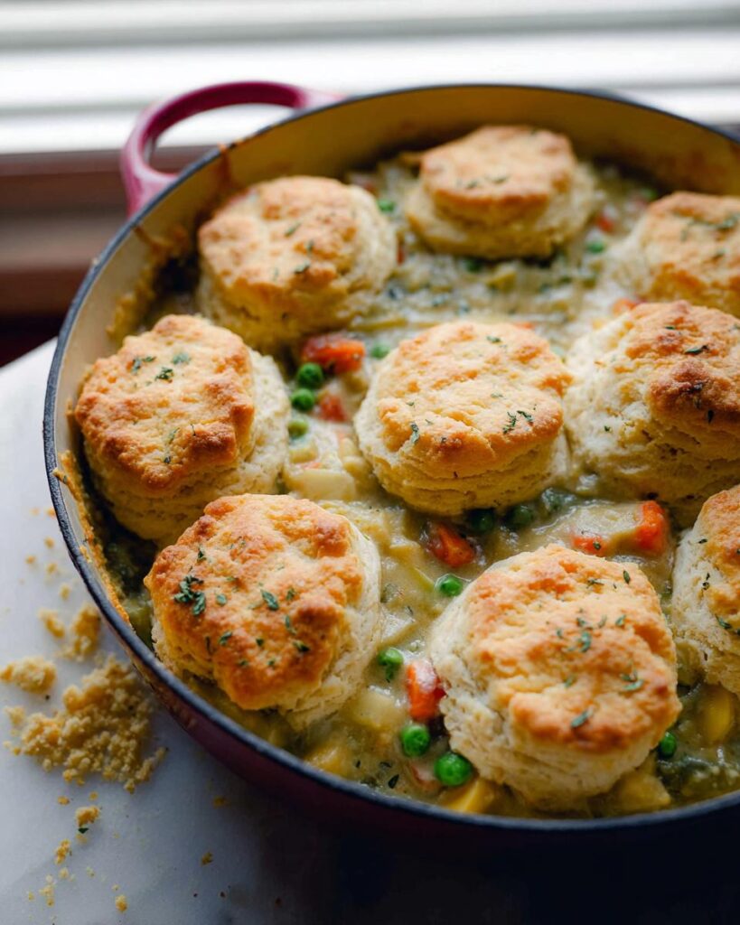 Fertiger Chicken Pot Pie mit Cheddar-Biskuits, gebacken in einem roten Gusseisentopf.