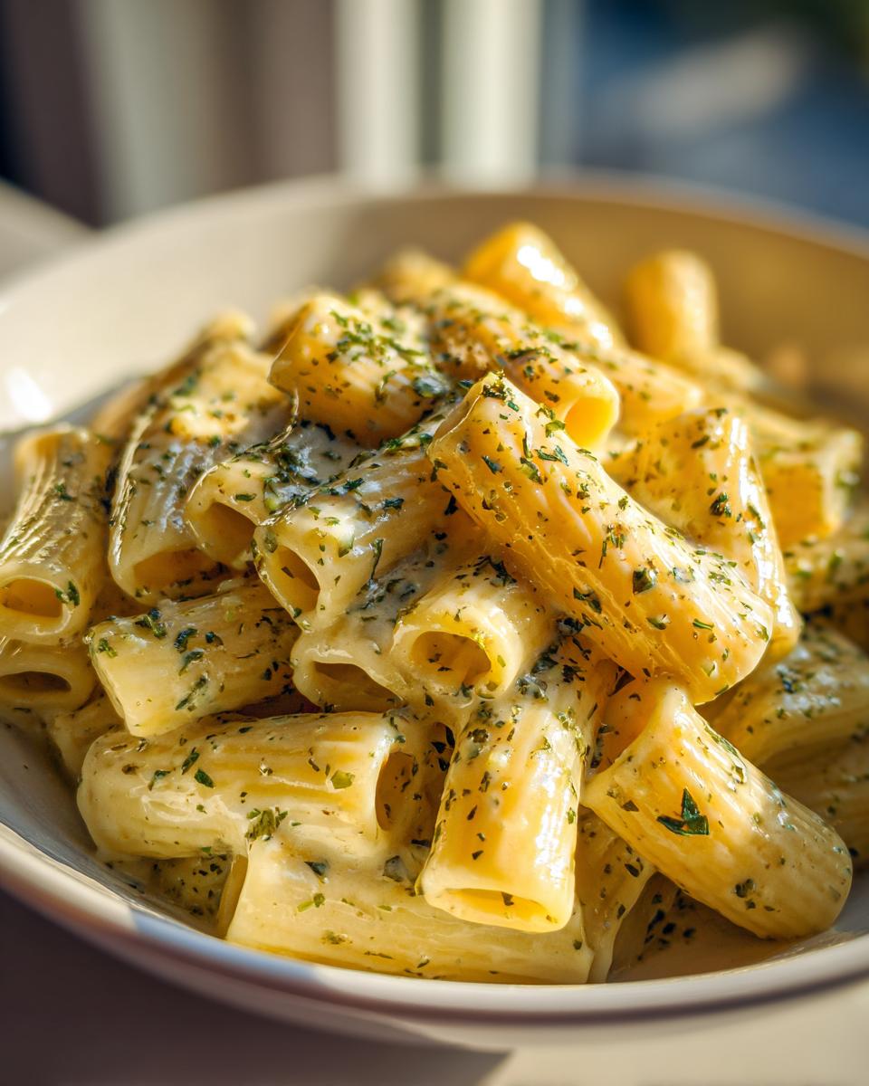 Nahaufnahme von Cremige Knoblauch-Rigatoni in einer hellen cremigen Sauce, bestreut mit Petersilie.