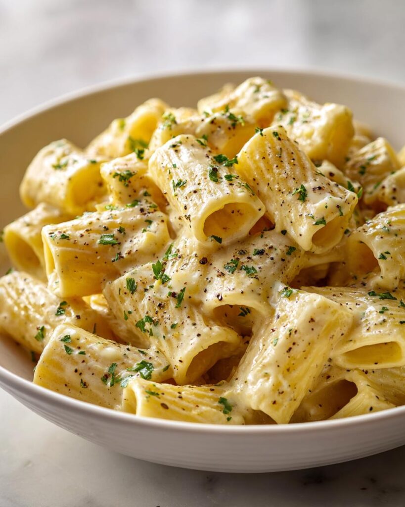 Nahaufnahme von Cremige Knoblauch-Rigatoni in einer weißen Schüssel, bedeckt mit cremiger Soße und Petersilie.