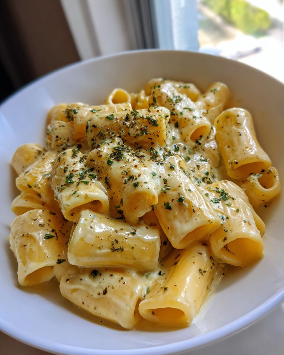Nahaufnahme von Cremige Knoblauch-Rigatoni in einer weißen Schüssel, bedeckt mit cremiger Soße und Kräutern.