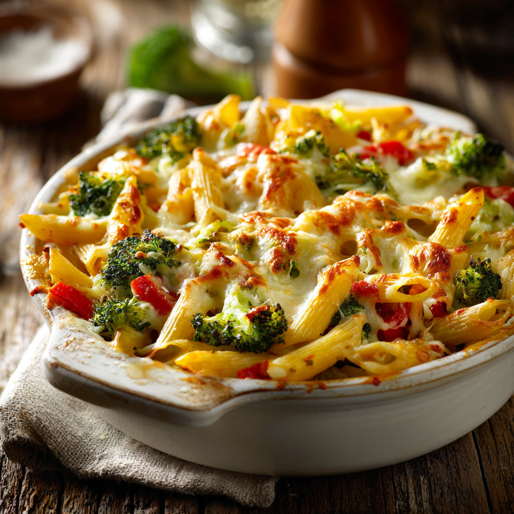 Cheesy vegetable pasta bake with broccoli and penne in a white casserole dish
