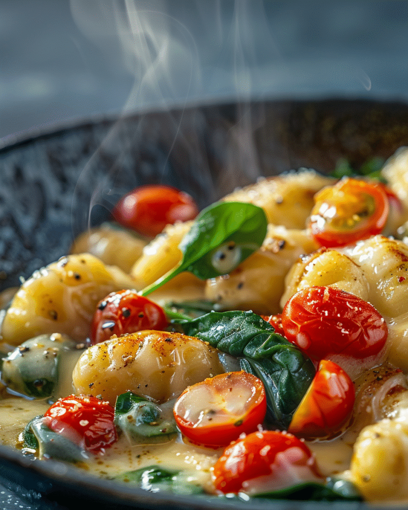 Cremige Gnocchi mit frischen Kirschtomaten und Spinat in einer sahnigen Sauce, serviert heiß mit aufsteigendem Dampf, Nahaufnahme in einer dunklen Pfanne.