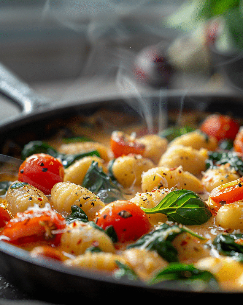 Dampende cremige Gnocchi-Pfanne mit geschmolzenem Käse, frischem Spinat und saftigen Kirschtomaten, gewürzt mit Pfeffer und Chili, serviert in einer schwarzen Pfanne.
