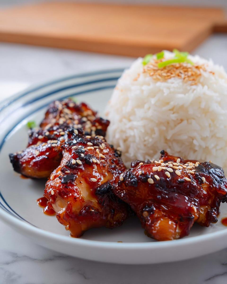 Saftige Honey BBQ Chicken mit Reis, garniert mit Sesam und Frühlingszwiebeln.