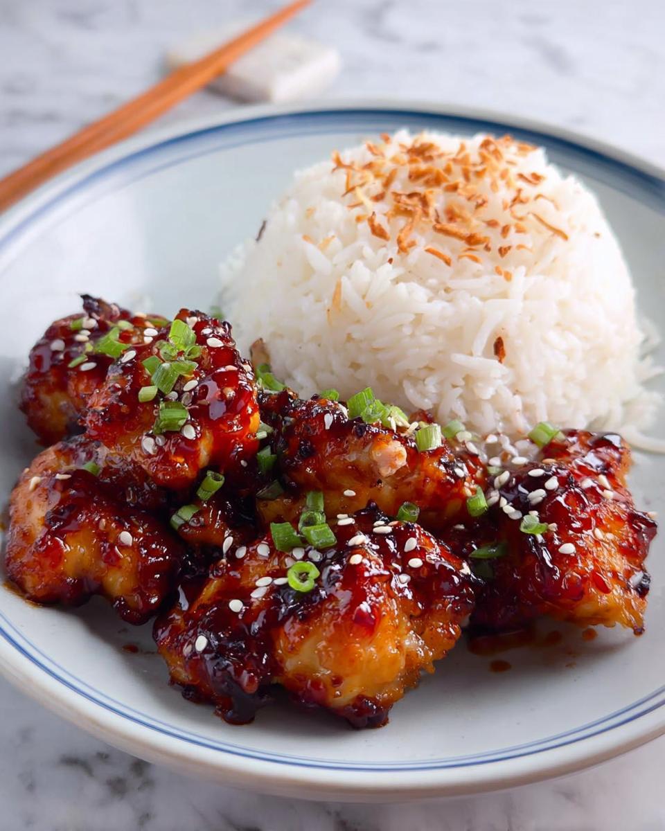 Eine Portion Honey BBQ Chicken mit Reis, garniert mit Frühlingszwiebeln und Sesam.