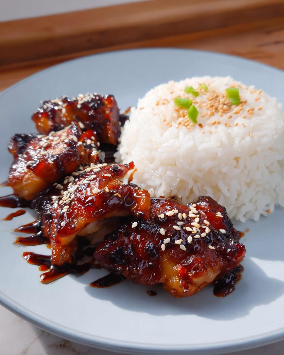Nahaufnahme von Honey BBQ Chicken mit Reis, garniert mit Sesam und Frühlingszwiebeln.