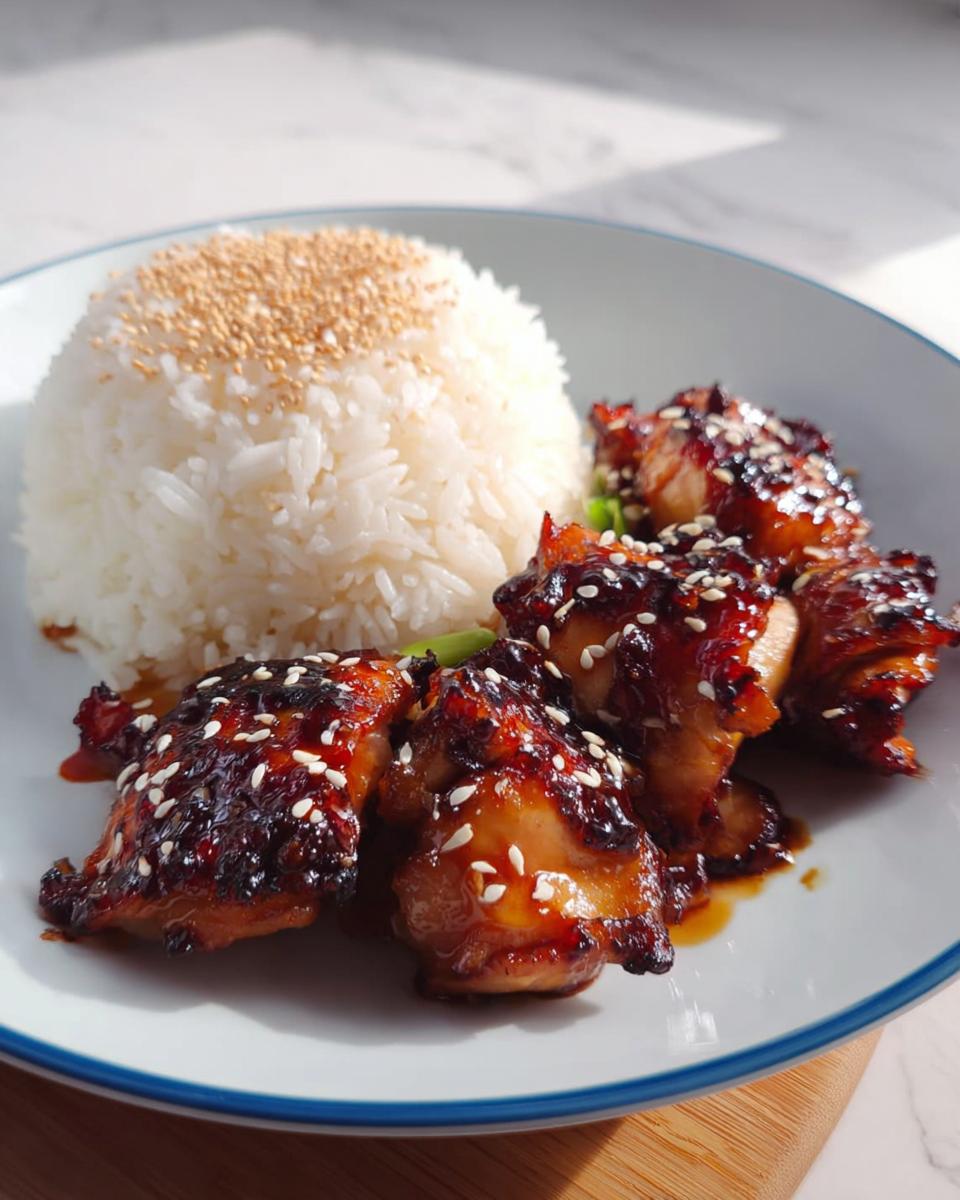 Saftige Hähnchenstücke mit Honig-BBQ-Glasur, bestreut mit Sesam, serviert mit Reis.