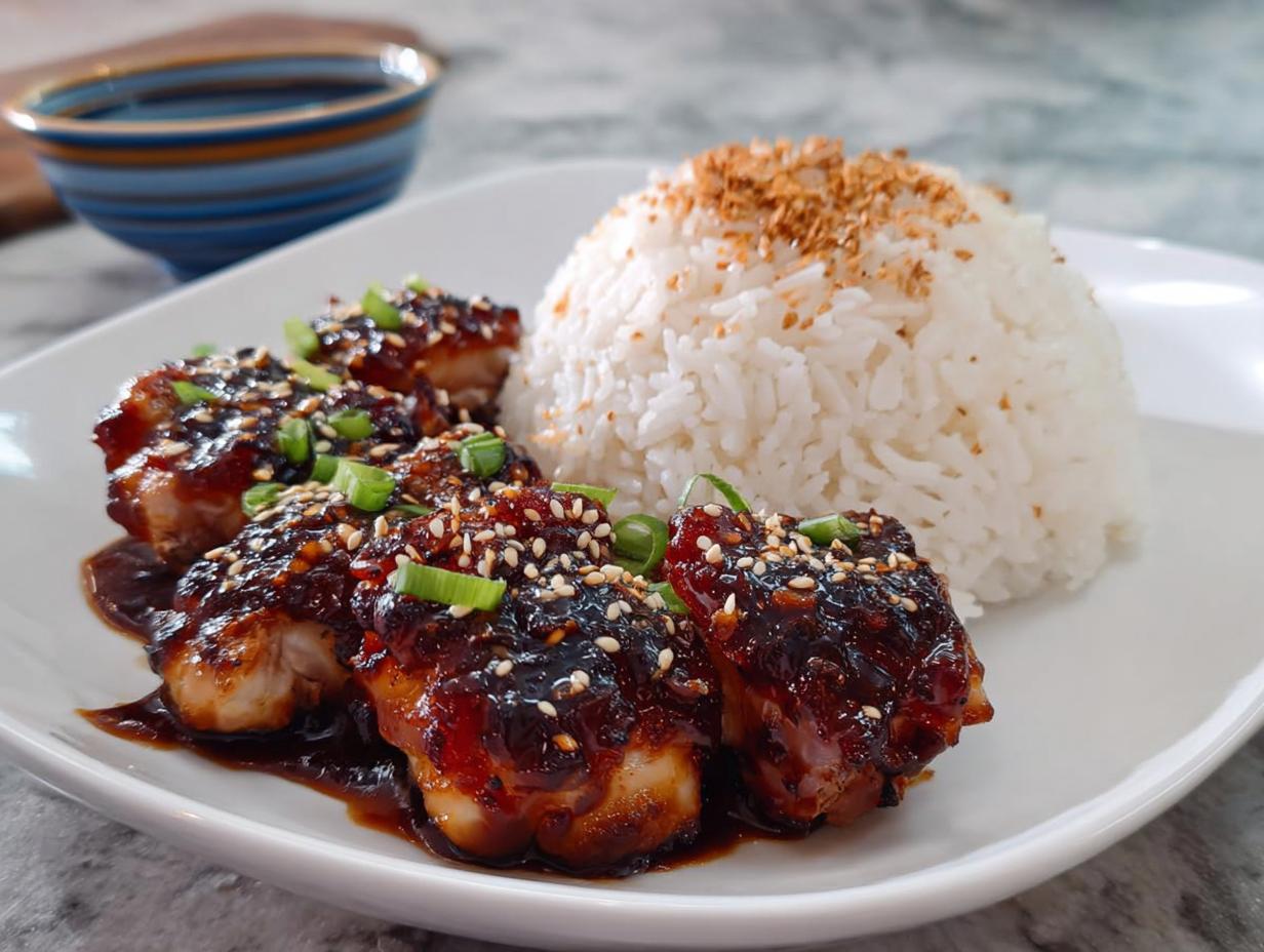Saftige Hähnchenstücke mit Honig-BBQ-Sauce, garniert mit Sesam und Frühlingszwiebeln, serviert mit Reis.