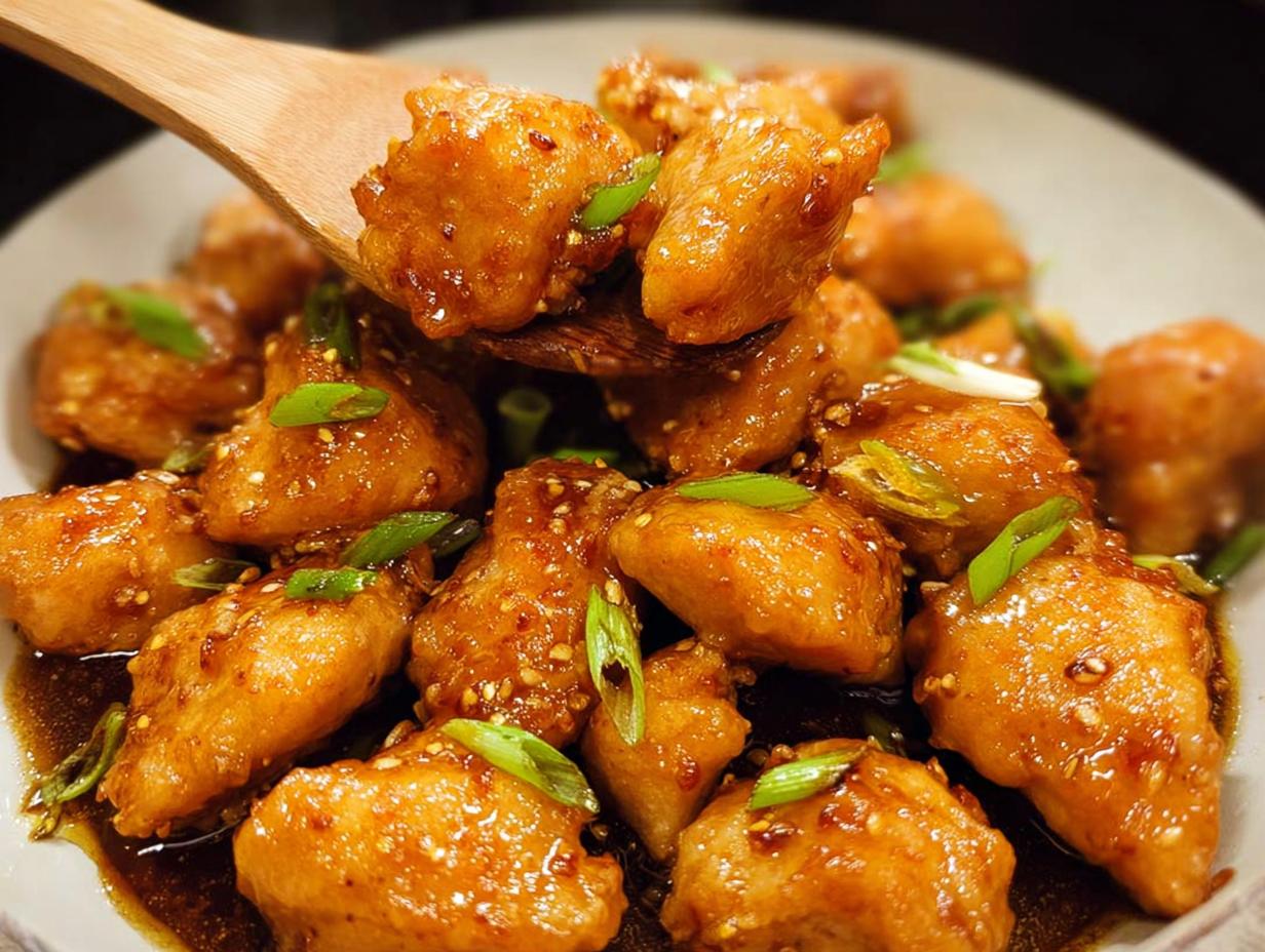 Close-up of Honey-Garlic Chicken Bites coated in a glossy sauce, garnished with sesame seeds and green onions.