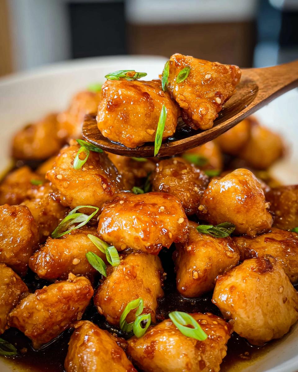 Close-up of crispy Honey-Garlic Chicken Bites coated in a glossy sauce, garnished with green onions and sesame seeds.