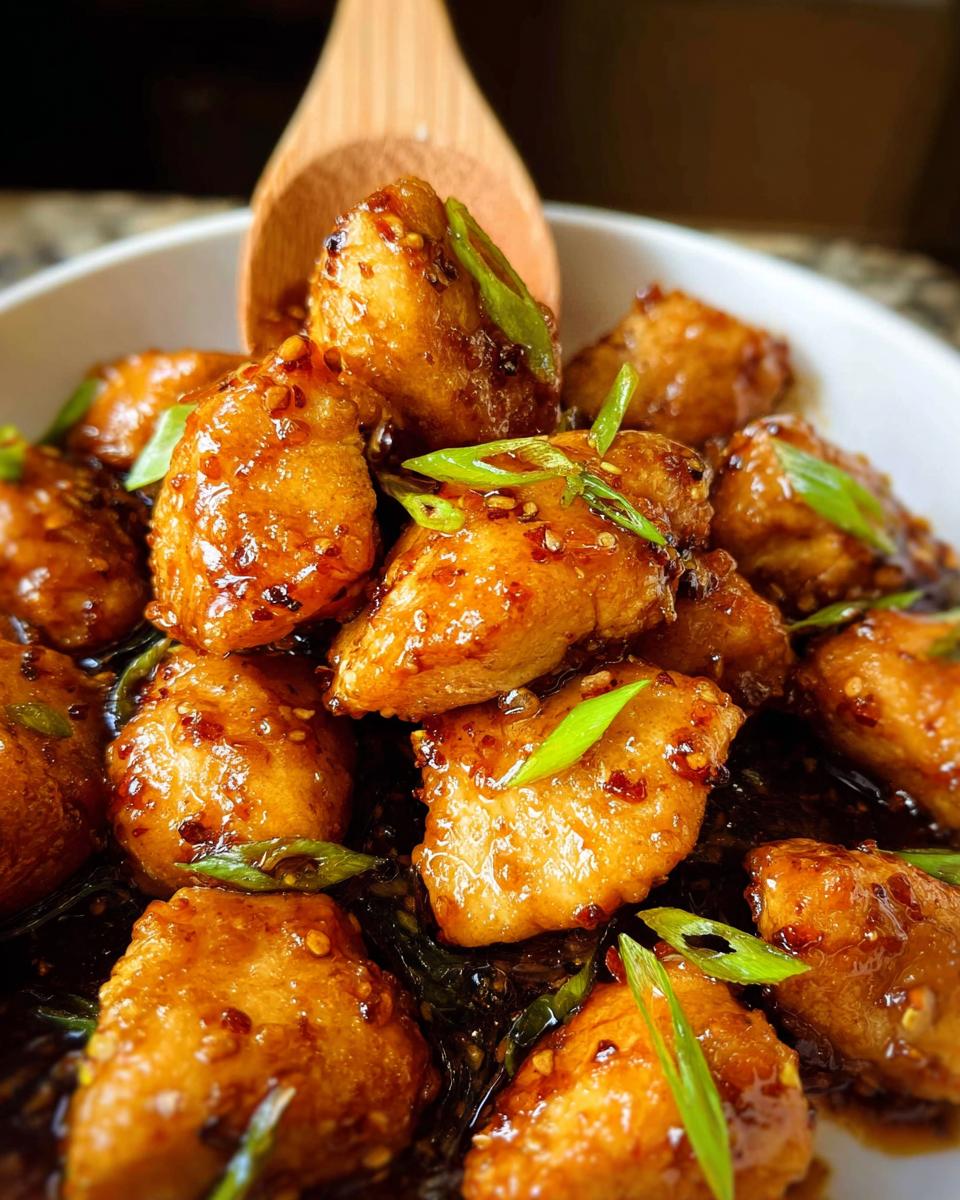 Close-up of delicious Honey-Garlic Chicken Bites, glistening with sauce and garnished with green onions.