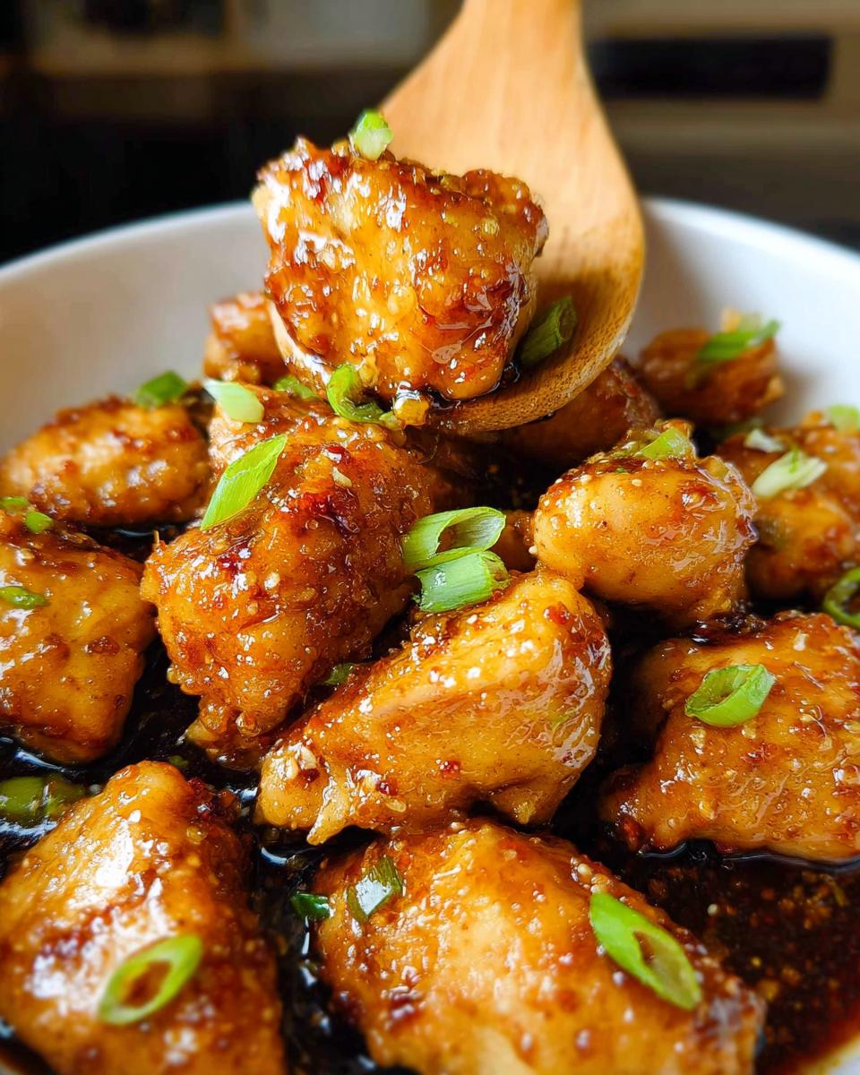 Close-up of glistening Honey-Garlic Chicken Bites coated in a rich sauce, garnished with green onions.
