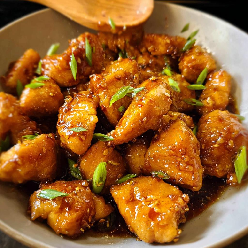 Close-up of crispy Honey-Garlic Chicken Bites coated in a glossy sauce, garnished with green onions and sesame seeds.