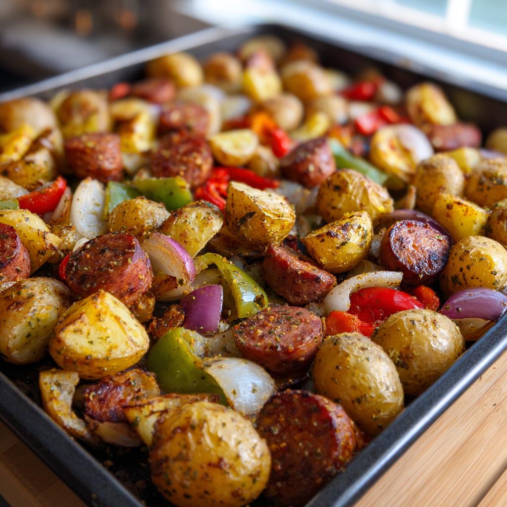 Nahaufnahme eines Blechgerichts mit gerösteten Kartoffeln, Wurstscheiben und bunten Paprika-Zwiebelstücken: Ranch-Kartoffeln & Würstchen-Blechgericht.