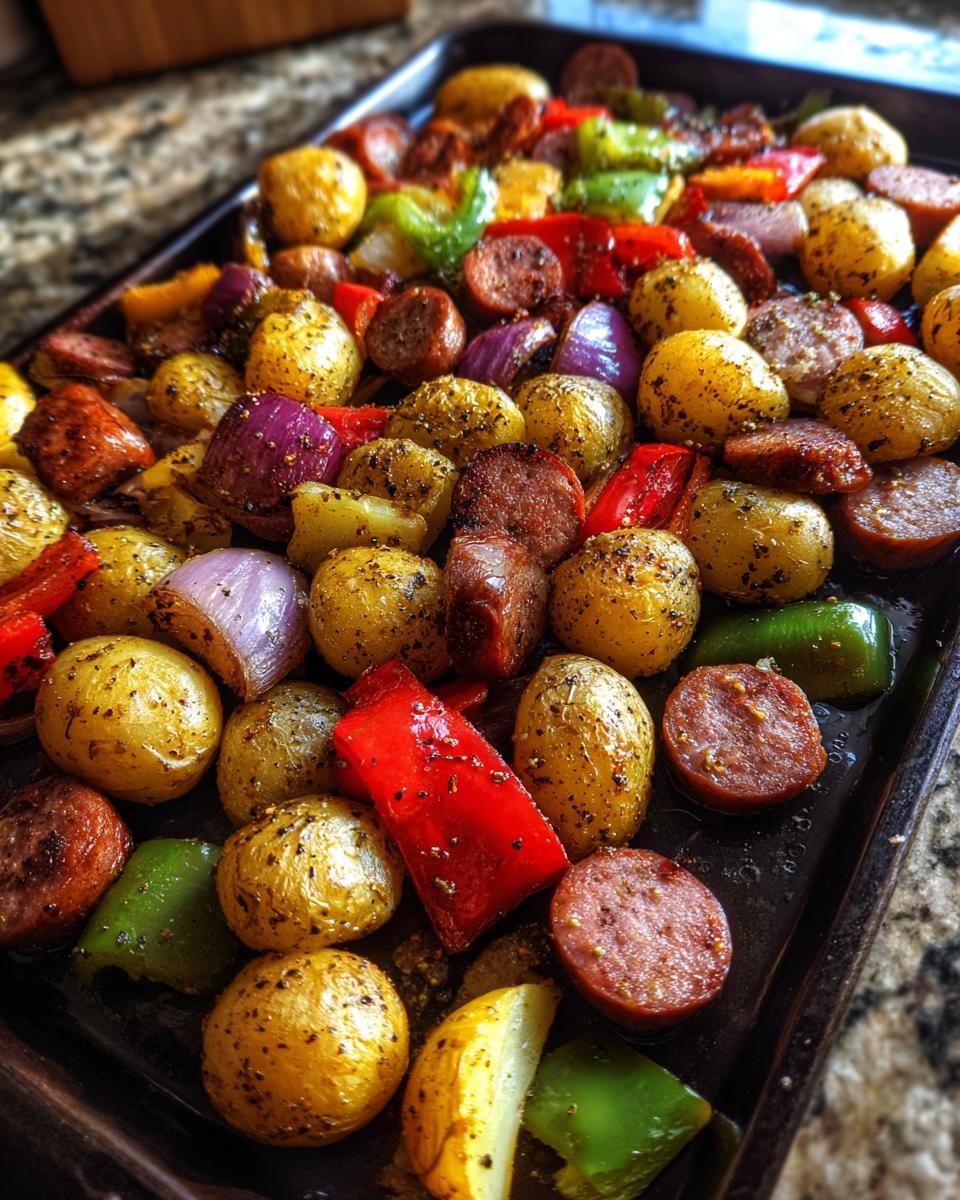 Nahaufnahme des fertigen Ranch-Kartoffeln & Würstchen-Blechgericht mit goldbraunen Kartoffeln, Wurstscheiben und Paprika.