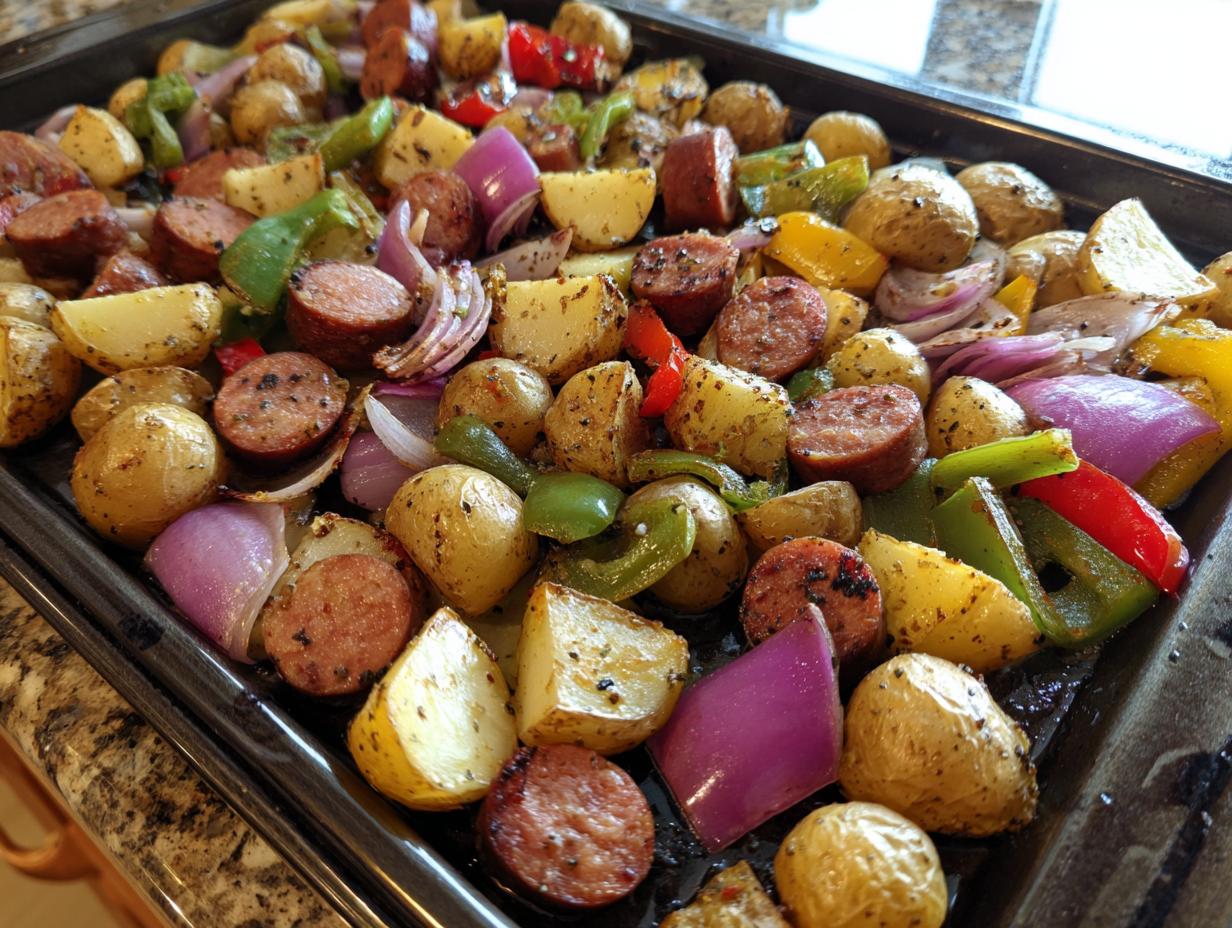 Fertiges Ranch-Kartoffeln & Würstchen-Blechgericht mit gerösteten Kartoffeln, Wurstscheiben und buntem Gemüse auf einem Backblech.