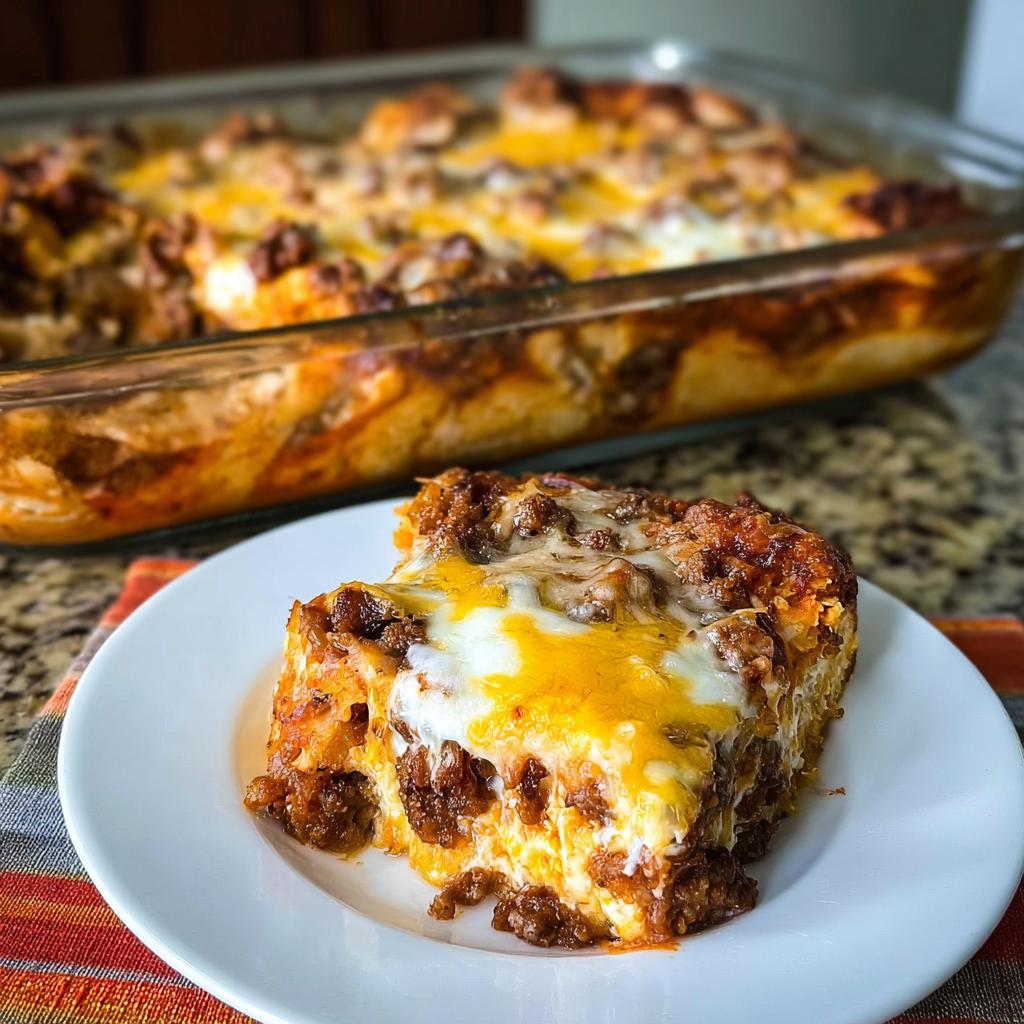 A serving of rich Sausage Pizza Casserole topped with melted mozzarella and cheddar cheese on a white plate.