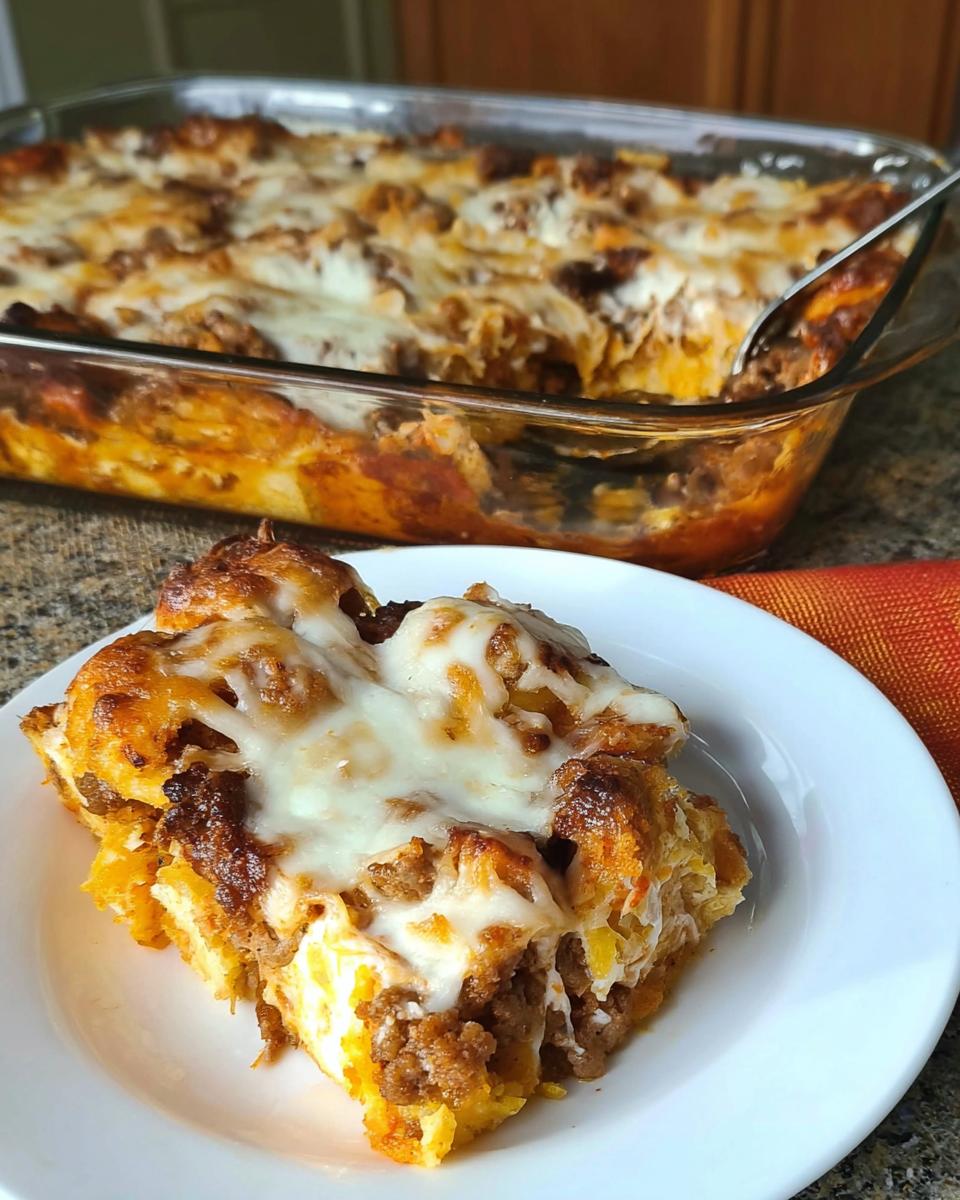 A close-up serving of Sausage Pizza Casserole topped with melted mozzarella cheese, with the rest of the dish in the background.